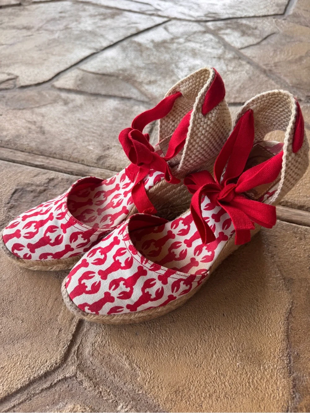 Tory Burch Lobster Print Wedge Wrap Espadrilles Ankle Tie Canvas EU 35 US 5